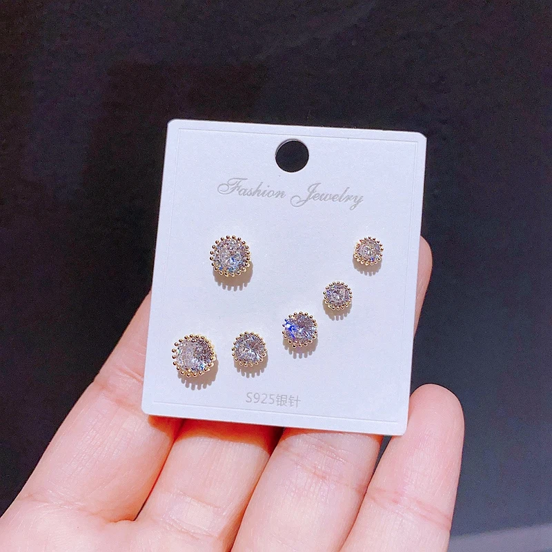 Classic 3 Pairs Square Heart Round Cubic Zircon Stud Earrings Set Gold/Silver Color Crystal Jewelry 3