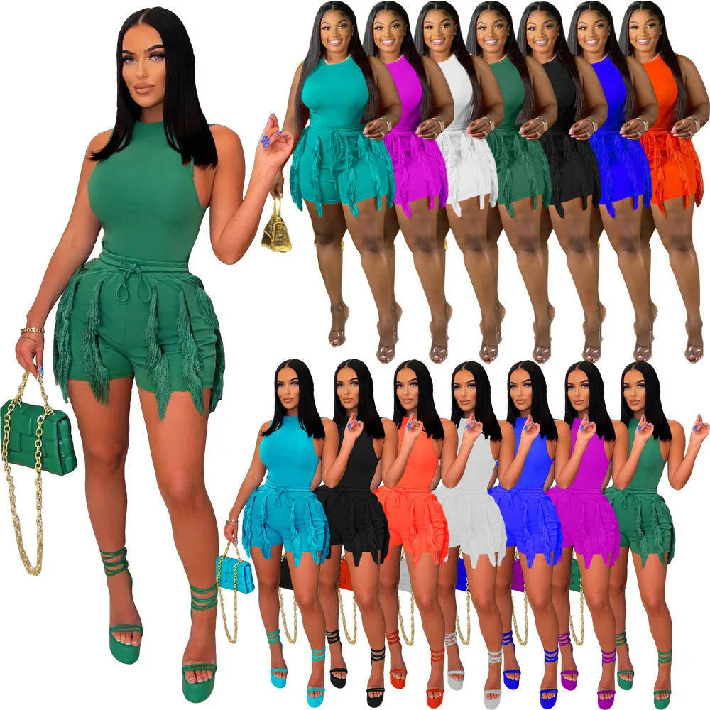 

Tasseled Women's 2 Two Pieces Set Hot Shorts Tracksuit Sexy Sleeveless Fashion Tank Top And Short Pants Sets Womens Streetwear