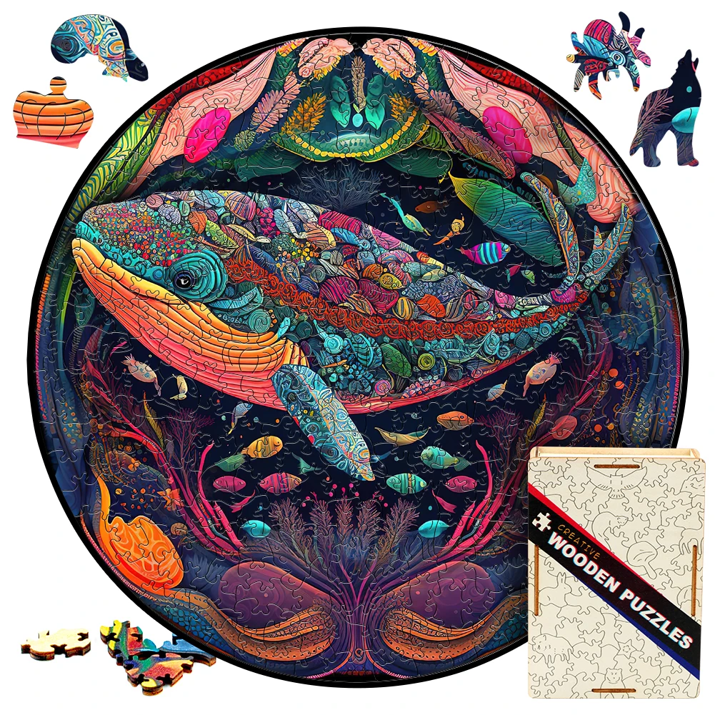 Wooden Puzzle Mandala Whale Jigsaw Puzzles Toys For Boys Animal Wood Puzzle Gifts For Friends Puzzle Lovers Kids Games Boardgame flowers under moonlight wooden puzzle painted funny toy wood puzzles smart game round shaped jigsaw puzzle best gift for friends