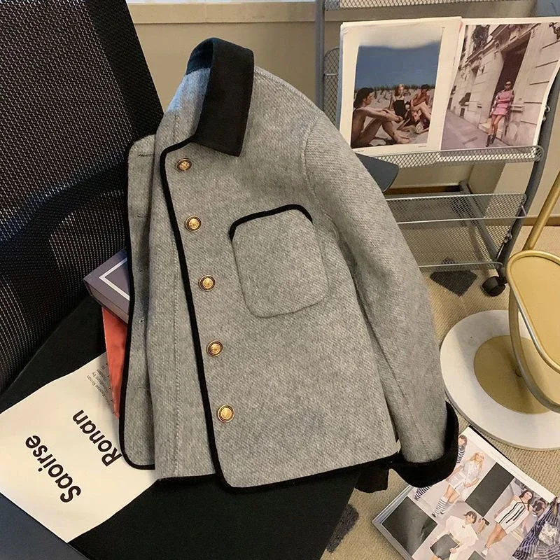 

Short Grey Quilted Coats Vintage Women Clothing Contrast Lapel Woolen Jacket Autumn Winter Harajuku Jaquetas Chaqueta