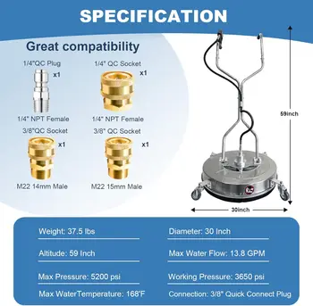 30Inch Pressure Washer Surface Cleaner Dual Handle Stainless Steel Power with 4 Wheels 5200 PSI for Concrete Patio Sidewalk Deck 2