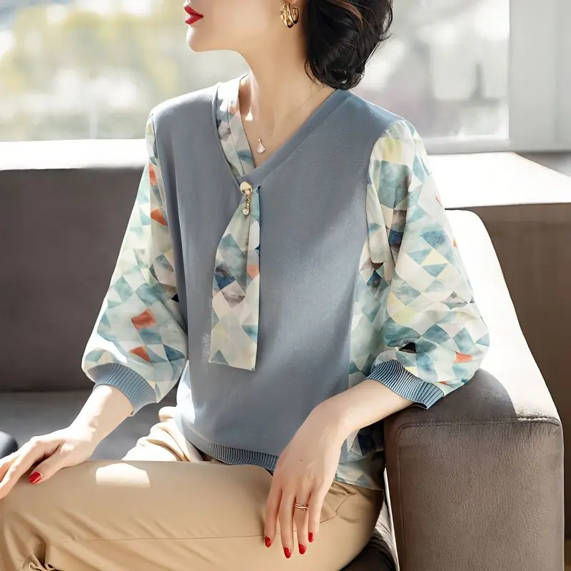 

2023 New Loose And Thin Crop Sleeve Top Chiffon Spliced Pullover Sweater For Women