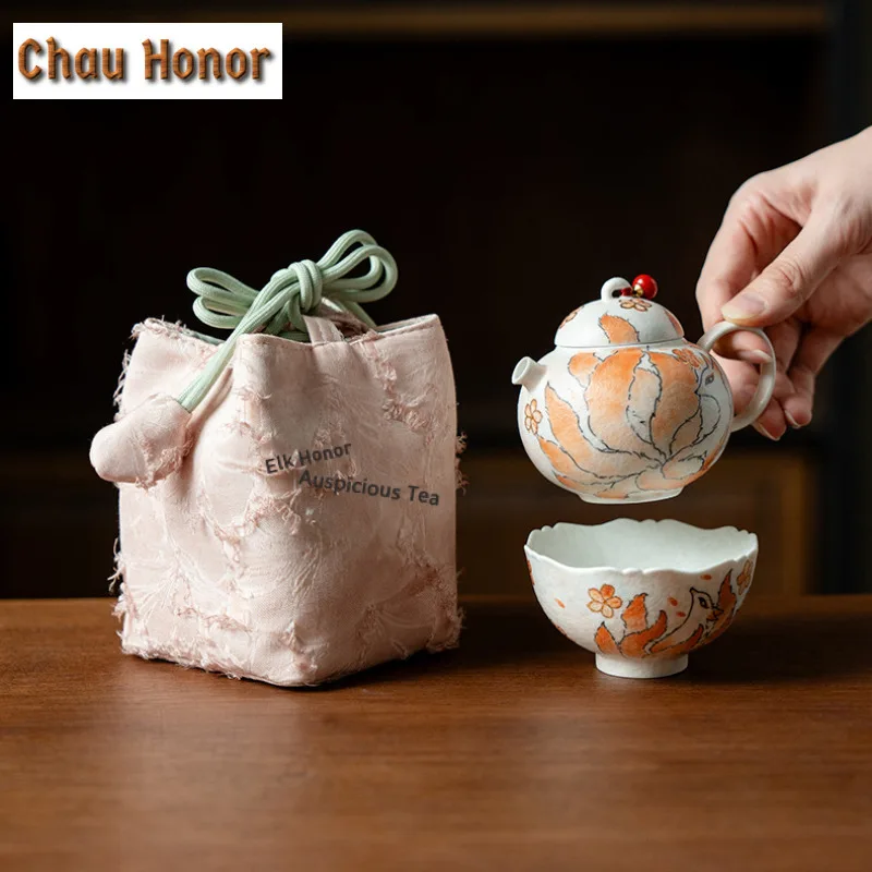 Pure Hand-drawn Nine-tailed Fox Travel Tea Set Kit Handmade 1 Pot 1 Cups Tea Brewing Organizer Portable Camping Tote Bag Gift