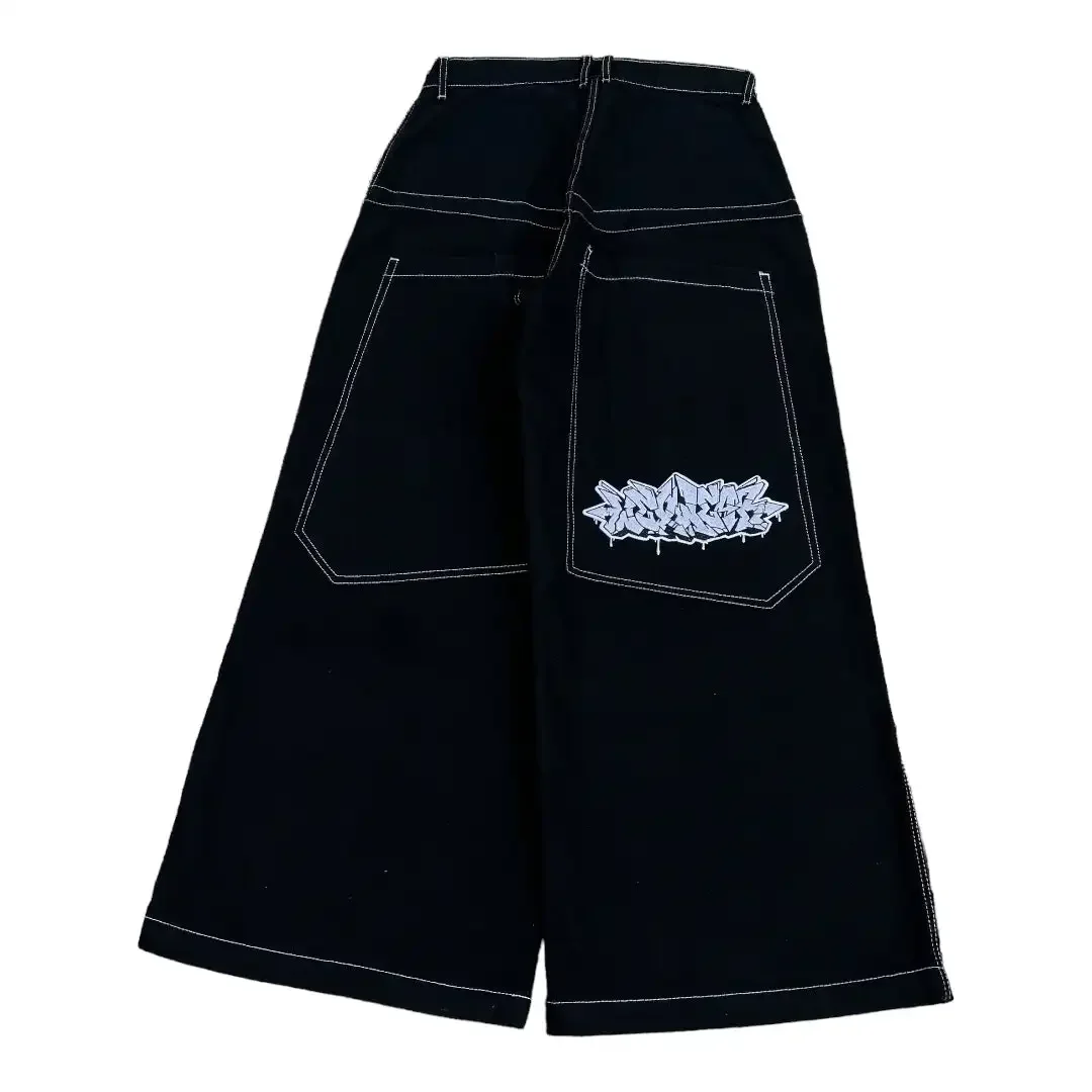 Vintage 2000s Wexwear Black Pants Men Women Hip Hop Embroidered Y2k Baggy Jeans Streetwear Harajuku High Waist Wide Trouser 6