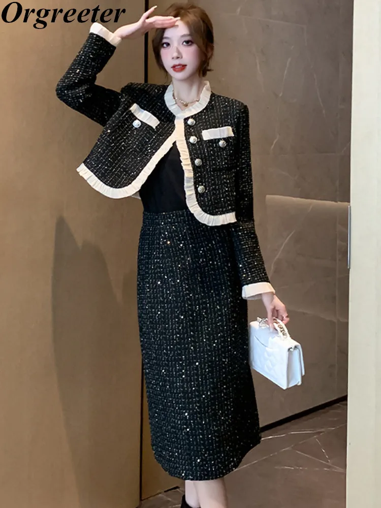 Luxury Fashion Sequins Tweed Two Piece Set Women Outfits Retro Short Jacket  Coat + Midi Skirt Suits Elegant OL 2 Piece Sets