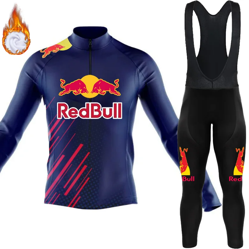 Men's Cycling Clothing 2024 Winter Thermal Fleece Jersey Bib Road Bike Uniform For Bicycle Red Bull Set Mtb Professional Shirt 6