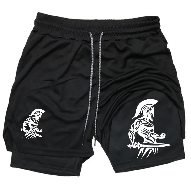 Warrior Print 2 in 1 Running Shorts for Men Gym Workout Compression Shorts with Phone Pocket Towel Loop Summer Sport