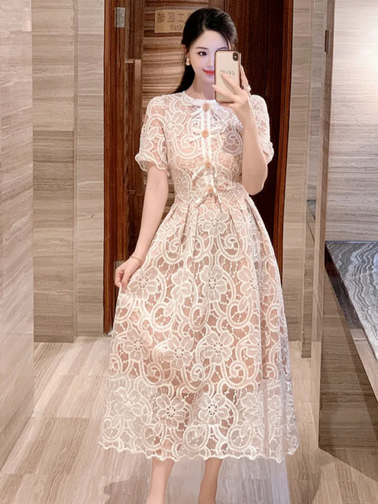 2024 Summer New Elegant O-neck Short Sleeve Lace White Dresses Women Bow  Beaded Hollow out Wedding Prom One Piece Dress Female - AliExpress 200000345