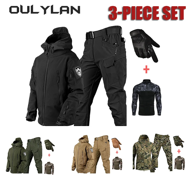 

Men's Tactical Set Warm Shark Skin Set 2024 Outdoor Mountaineering Suit Gloves Jacket T-shirt Pants Set for Spring Autumn Winter