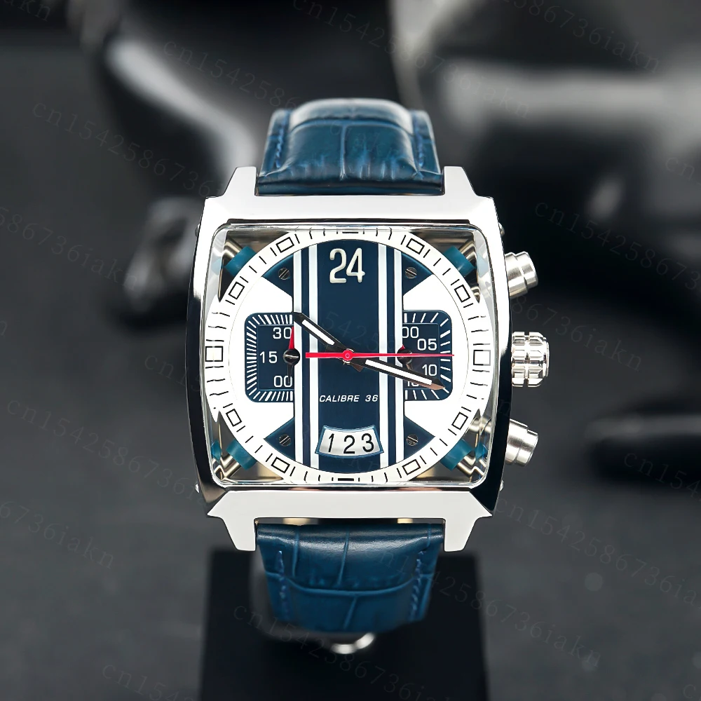 2022Fashion New Men's Color Bar Square Dial Sapphire Mirror Stainless Steel Leather Strap Sports Leisure Waterproof Quartz Watch