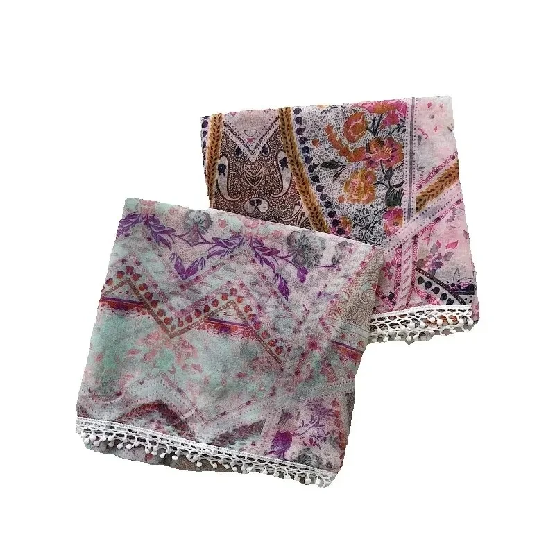 

Модные красивые мягкие шарфы с помпоном, шаль в богемном стиле, Модный цветочный шарф, хиджаб, глушитель, 2 цвета, бесплатная доставка