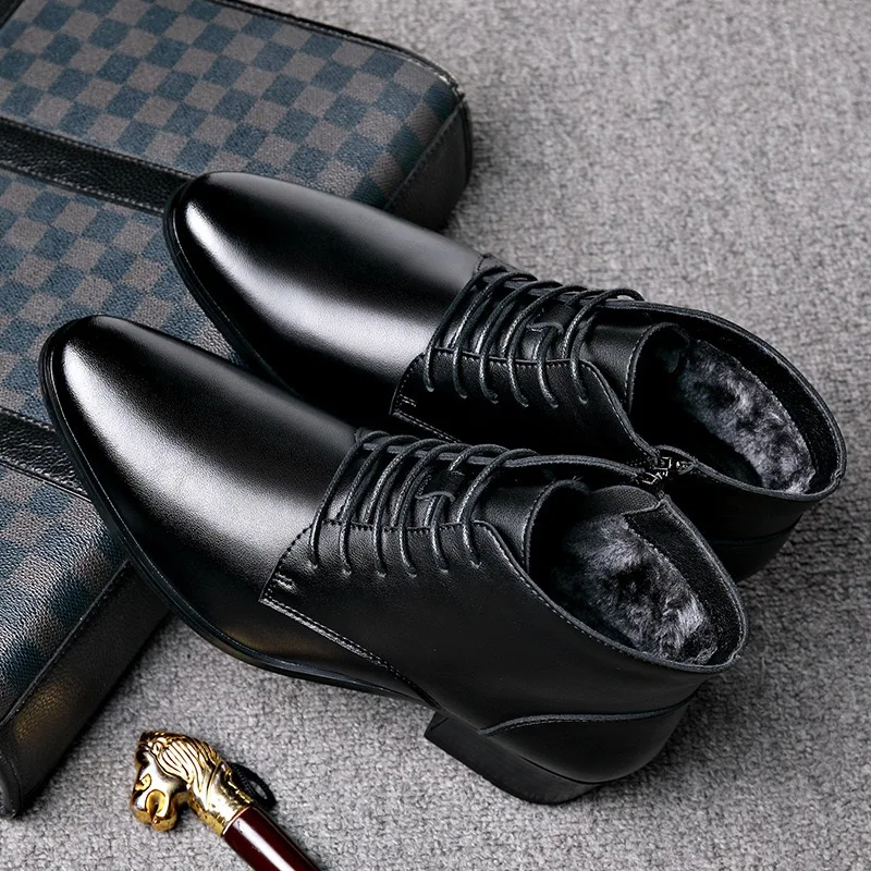 Men's High-top Casual Boot Pointed Tip Business Leather Boots for Men Plush Warm Winter Lace Up Ankle Botas men leather boots business mens boots