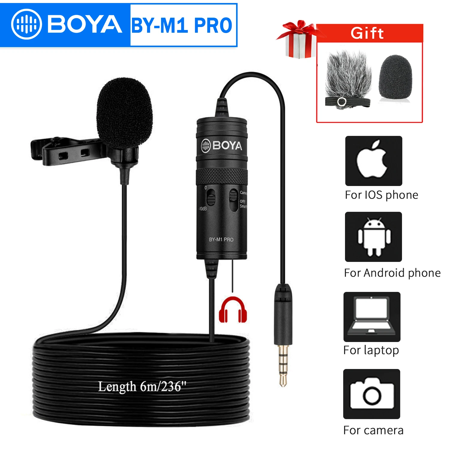 BOYA BY-M1 PRO 3.5mm TRRS Condenser Lavalier Lapel Omnidirectional Wired Microphone for iPhone PC Smartphone Camera Streaming