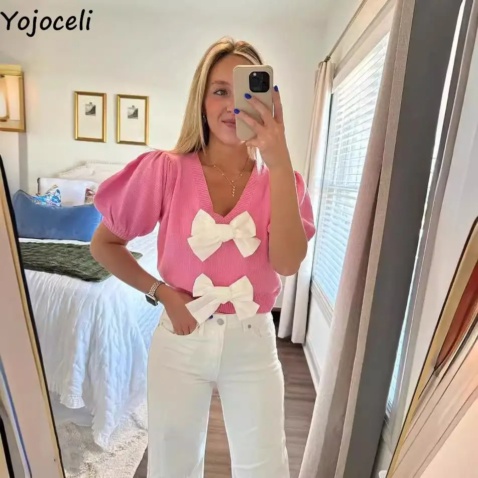 

Yojoceli, летний женский вязаный пуловер с бантом, милые повседневные свитшоты с V-образным вырезом, милые белые модные топы, корейский вязаный джемпер
