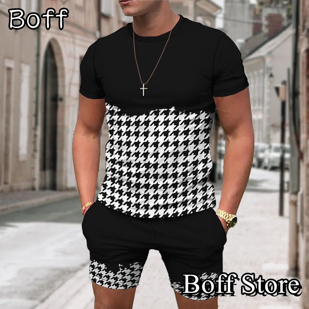 Summer Men's Plaid Stripes Tracksuit Solid Color T-Shirt Shorts Set Vintage Suit Male Fashion Outfit Clothing Casual Streetwear