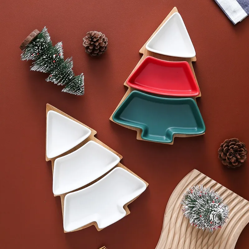 Creative Christmas Tree Ceramic Snack Plate with Bamboo Plate Christmas Tree Shaped Plate Dim Sum Fruit Plate Candy Plate