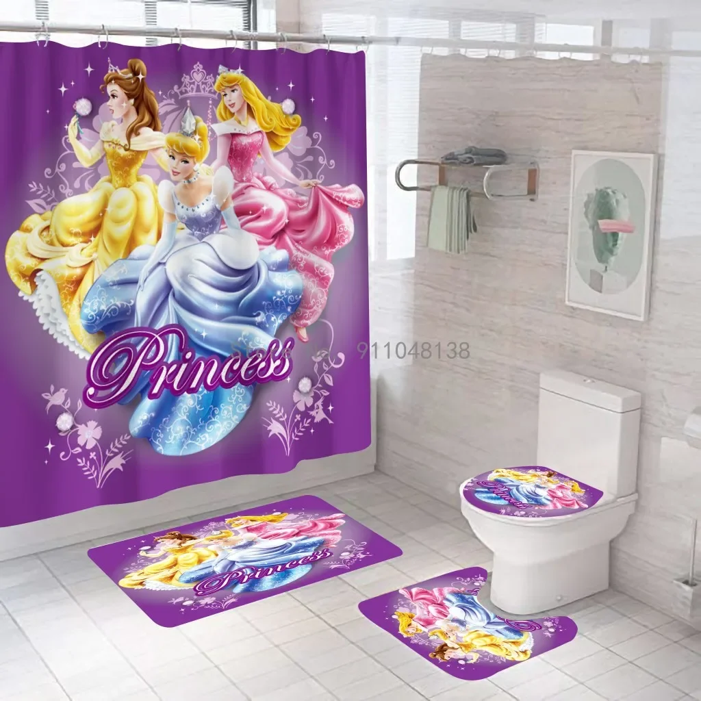 Disney Princess Series 3D Bath Shower Curtain Waterproof Curtains In The Bathroom With Hook Set Soft Bath Mat Toilet Carpet Rugs