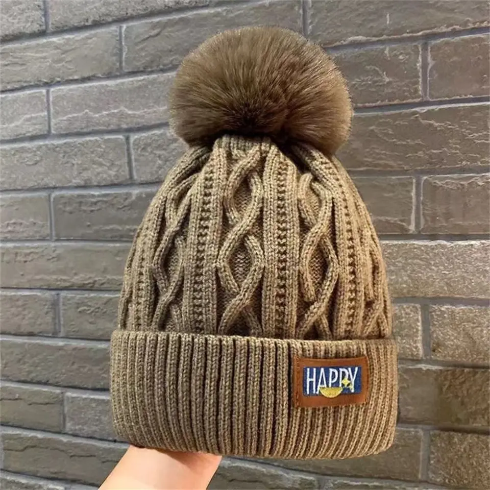 Chapeaux d'hiver pour Femme Double Couche en Polaire avec Pompons à