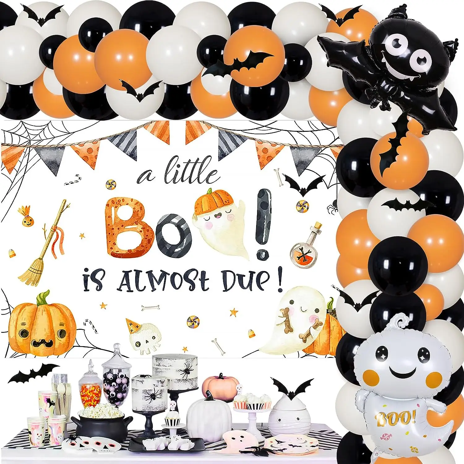 

Halloween Baby Shower Decorations Orange Black A Little Boo Is Almost Due Backdrop Ghost Bat Balloon for Pregnancy Celebration