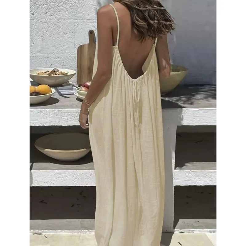 여성을위한 캐주얼 솔리드 루즈 드레스 섹시한 민소매 스파게티 스트랩 백리스 레이스 업 로브 Femme Holiday Beach Party Clothes New