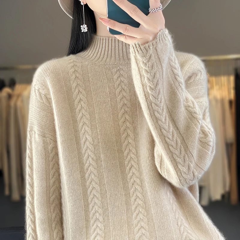 

FRSEUCAG 100% pure wool sweater women's knitted long sleeved pullover short women's half high neck wool sweater new product