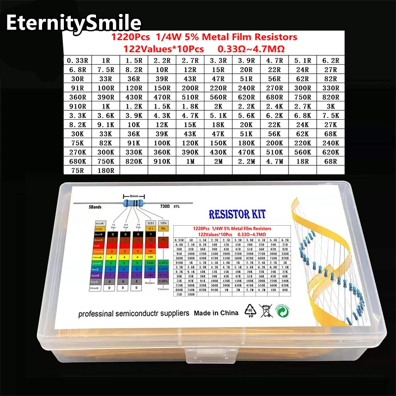 1220Pcs/Box Metal Film Resistors Kit 122 Values 1/4W 5 0.33Ohm910OR