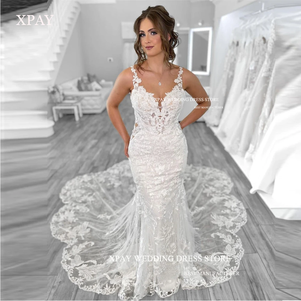 

Женское свадебное платье с юбкой годе XPAY, элегантное кружевное платье с аппликацией и длинным шлейфом, блестящее платье с открытой спиной, лето 2019