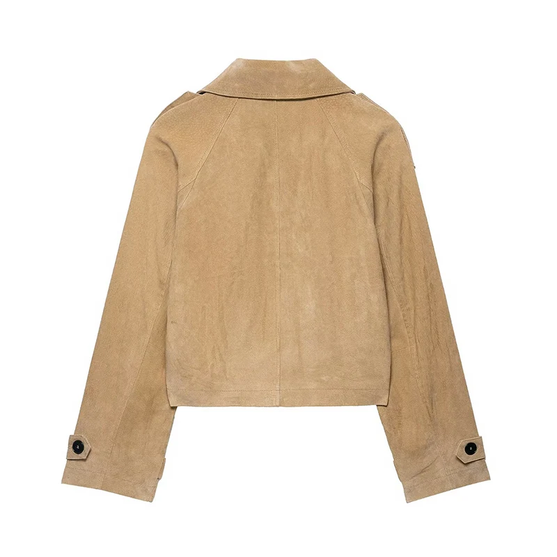 Chic Double Breasted Lapel Short Jacket Women Pockets Long Sleeve Buttons Coat 2025 Autumn Lady Street Casual Outwear New