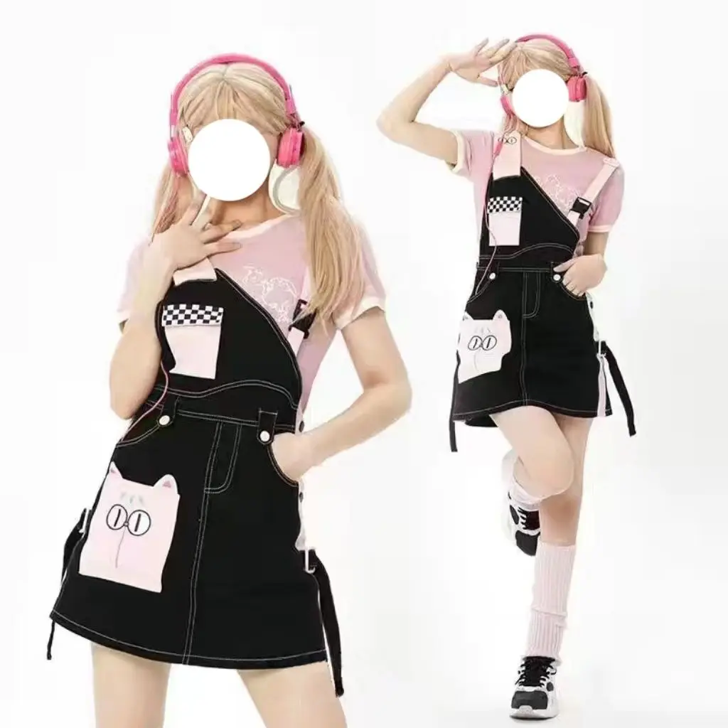 Black and Pink Strappy Pants for Teenage, Girlfriends Outfit, Cute Workwear, Denim Shorts, Japanese Harajuku Trousers, Summer