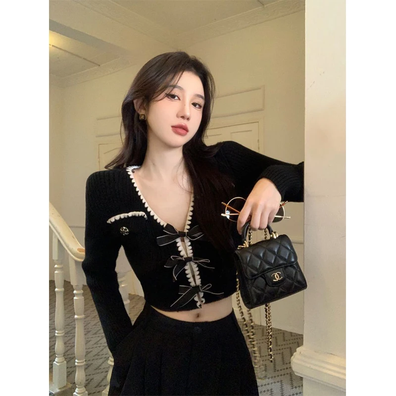 

Vintage Knitted Cardigan Women Bow V Neck Cropped Sweaters Korean Elegant Slim Knitwear Y2K Black Casual Jumpers Coats New
