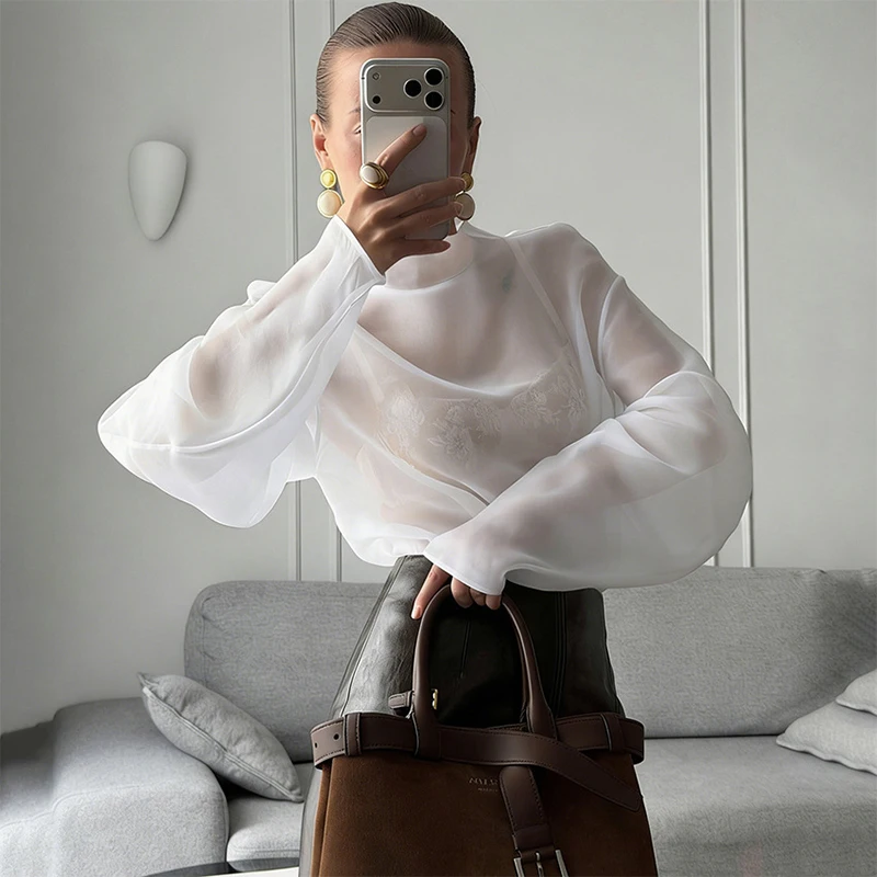 Damen Transparente Organza-Bluse mit Hohem Kragen und Langen Puffärmeln, Locker Sitzende Oberteile Frühjahr 2026, Lässige Damenmode für Büro und Streetwear – Detail 18