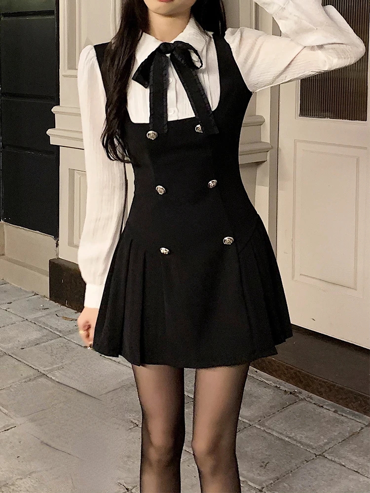 

2023 Autumn Fake Two Dress Women Slim Chic Long Sleeve Bow Casual Y2k Mini Dress Female Korean Fashion Elegant Short Party Dress