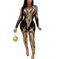 Fashion Patterned Sexy See-through Jumpsuit Women Slim Fit Pencil Trousers Rompers Female Party Club Nightclubs One-piece Pants