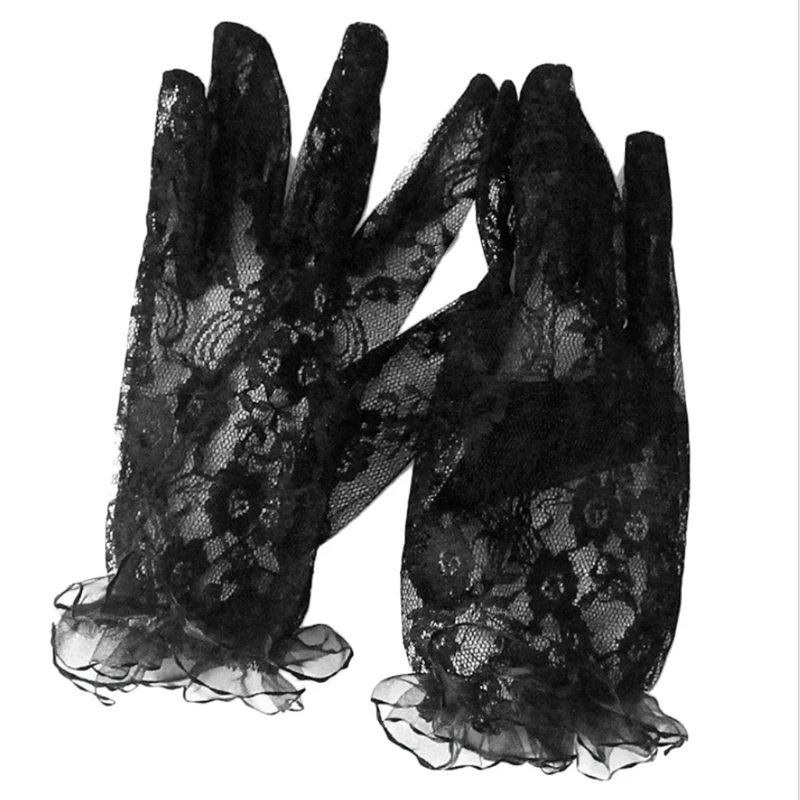 

1 Pair Girls Thin Black Sexy Lace Women Full Finger Short Black Mesh Sheer Tulle Sunscreen Glove for Driving Party Weddi