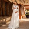 Pregnant Bride Wedding Dress Customized Scoop Neck Full Sleeves Lace Applique Sweep Train Chiffon Summer Bridal Gown 4