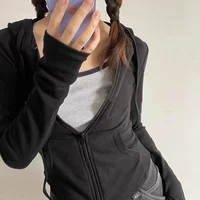 Lucyever Cropped Hooded Zip-Up Jacket Women Autumn New Slim Long Sleeve Y2K Sweatshirts Female Solid Streetwear Sports Hoodies - Image 4