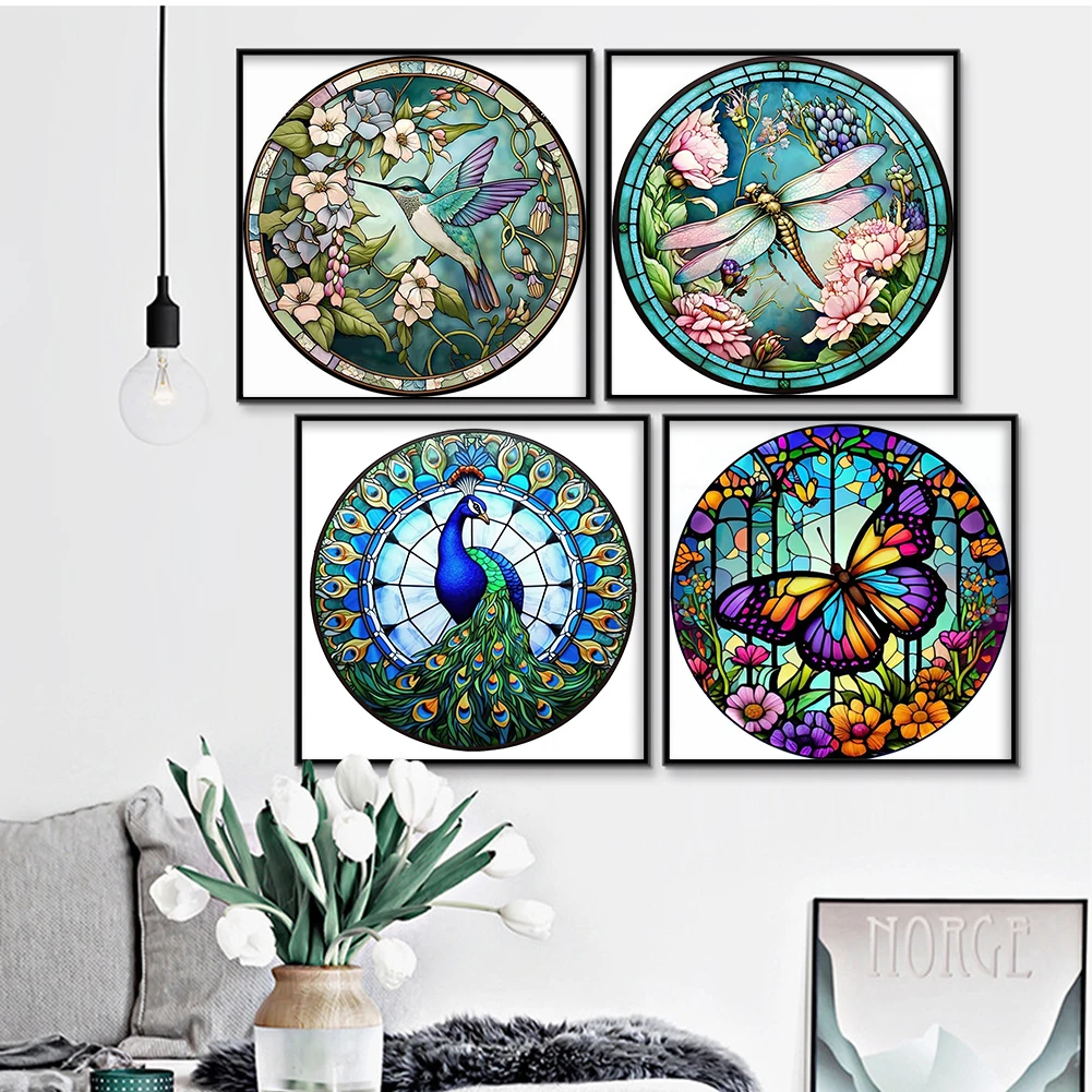 4pcs Full Embroidery Cotton Thread 18CT Print Stained Glass Cross Stitch 20x20cm