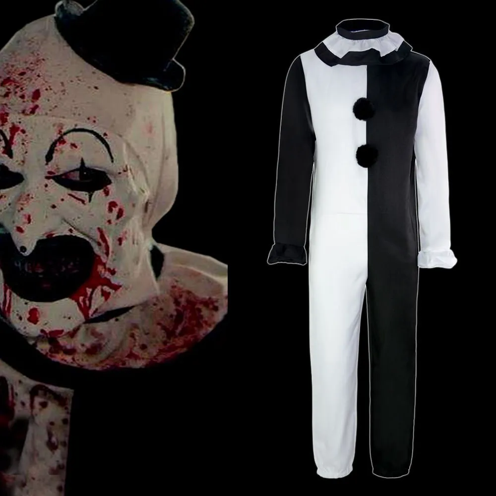 

Terrifier Clown Bodysuit Cosplay Horror Movie Evil Joker Suit Scary Prank Costume Halloween Masquerade Party Jumpsuit Prop