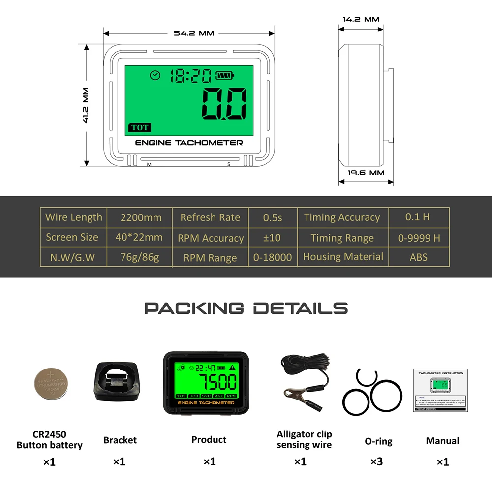 Tachometer Meter Inductive Tachometer Hour Meter Digital Motorcycle ATV Lawn Mower Engine Gauge LCD SVC Alert RPM Clock Backlight Waterproof