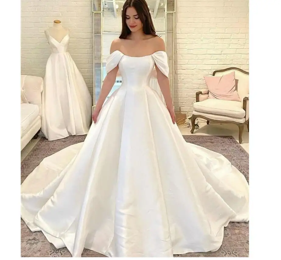 

Elegant Satin Wedding Dresses Detachable Shoulder Siple Brdail Gowns Strapless Sweep Train Ivory Plus Size Marriage Outfits