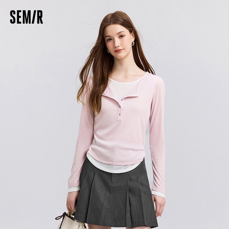 Semir Long Sleeve T-Shirt Women Short Skinny Slimming Simple 2025 Spring New Faux Two-piece Contrast Color Bottoming Shirt