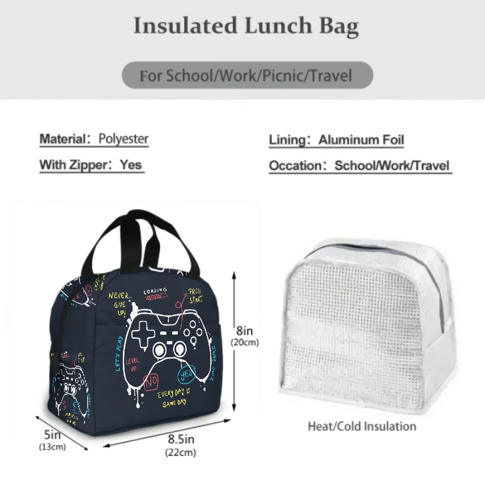 Gamer Room Decor Insulated Lunch Bag lunch box containers for Women Men Shopping Office School Picnic