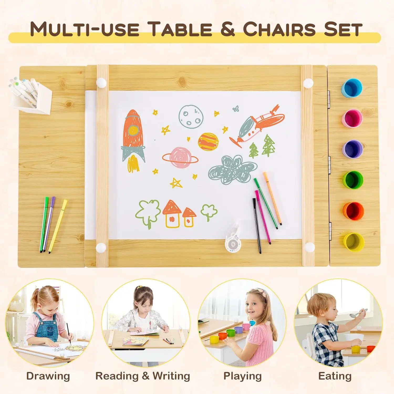 3 in 1 Kids Table and Chair Set, Wood Art Table & Easel Set with 2 Chairs, 6 Storage Bins, Paper Roller, Paint Cups for