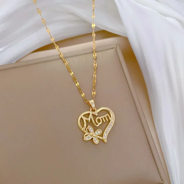 Fashion Heart Butterfly Mom Zircon Pendant Necklaces for Women Stainless Steel Jewelry Accessories Mother's Day Gifts for Lover