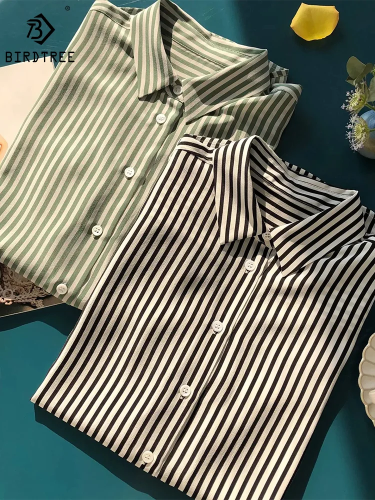 

Birdtree,Turn Down Collar Long Sleeved Printed Blouses,17.5MM 100%Pure Silk Striped Shirt,Woman 2024 Spring Chic Top T38120QM