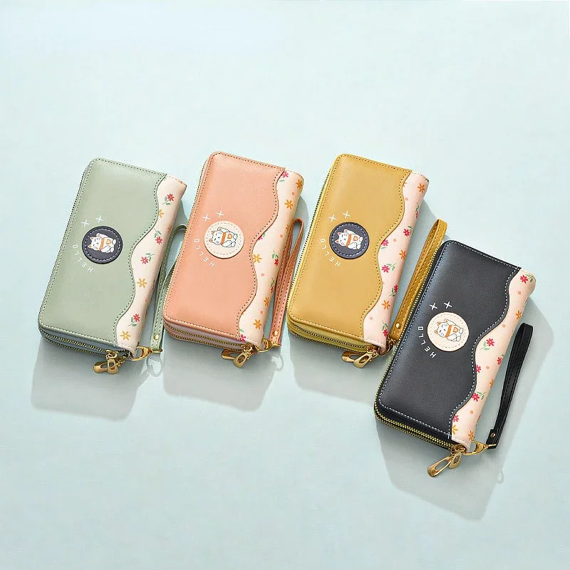 

New Women's Double Zipper Literary Style Fortune Cat Pattern Multi-card Multi-function Mobile Phone Bag