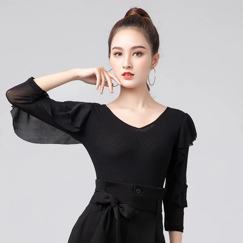 

New Latin Dance Clothes Female Adult Ballroom Dance Tops Practice Wear Middle Sleeves Rose Red Shirts Women Modern Waltz Costume