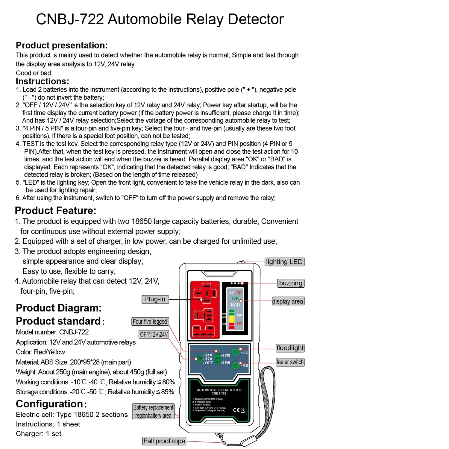 Automotive Relay Tester for 12 Volt 4 and 5 pin relays 12/24V Battery Tester Analyzer Motorcycle Charging System Diagnostic Tool