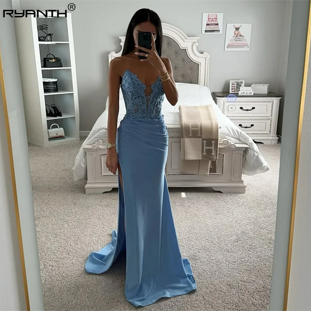 

Ryanth Spaghetti Strapless Mermaid Prom Dress Fishtail Vestidos De Noche Evening Dresses Lace Embroid Dusty Blue Party Dresses