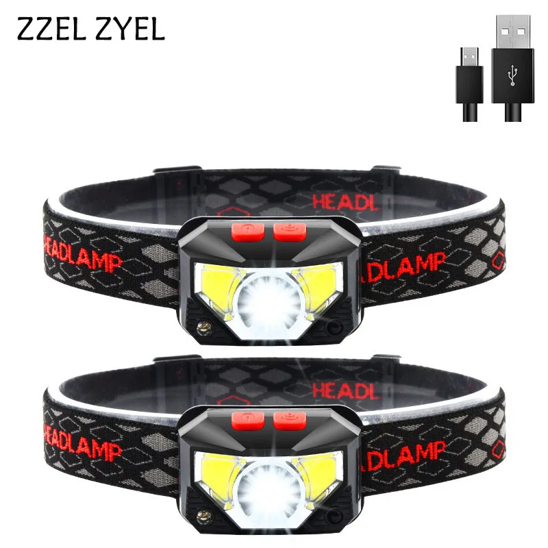 USB Rechargeable Torch COB LED Flashlight Sensor Head Lamp 6 Lighting Modes Built-in Battery